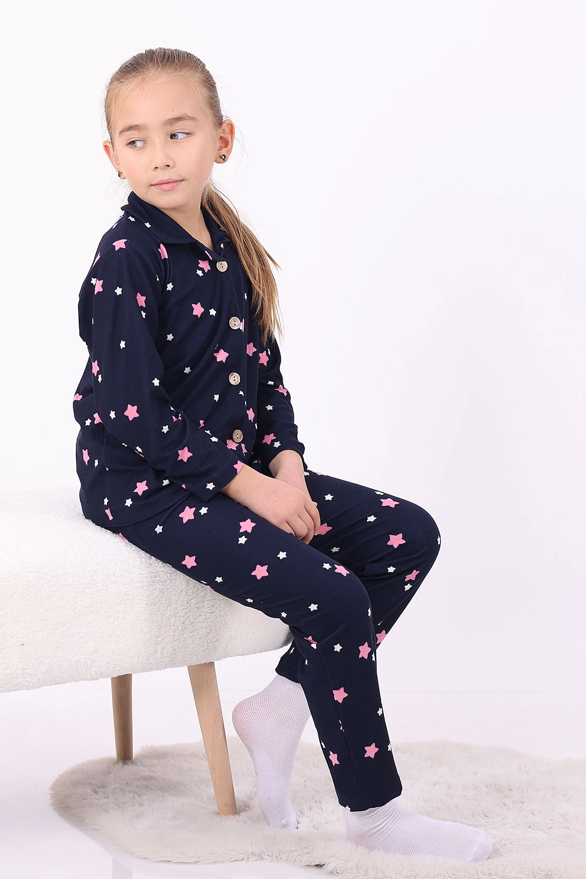 Lacivert (4-12 Yaş)Yıldız Desenli Düğmeli Kız Çocuk Pijama Takımı 329810
