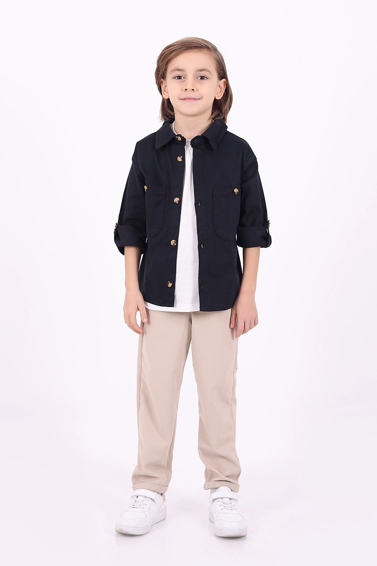 Lacivert (5-14 Yaş) Çift Cepli Oversize Kalıp Erkek Çocuk Gabardin Gömlek 323437
