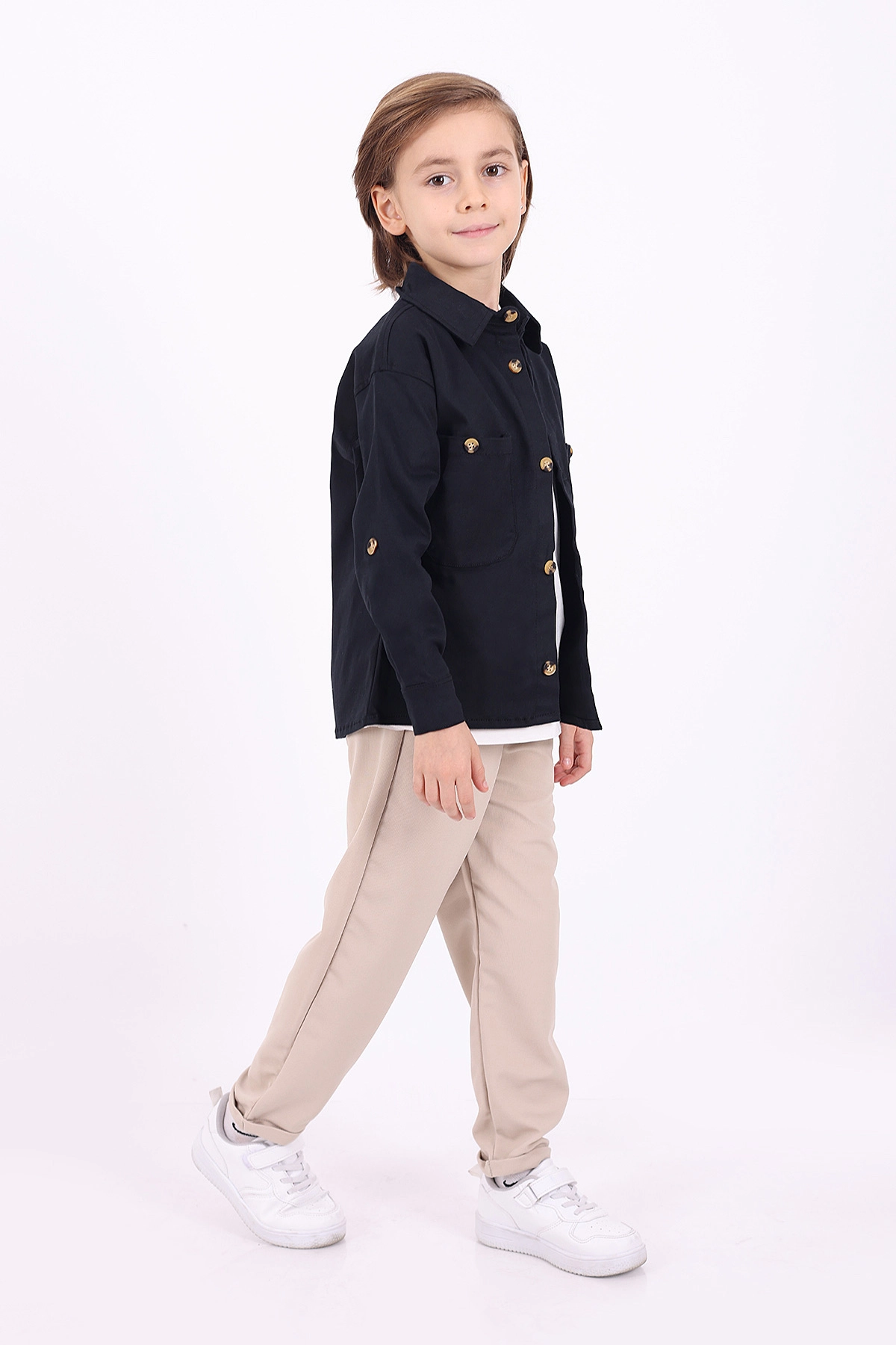 Lacivert (5-14 Yaş) Çift Cepli Oversize Kalıp Erkek Çocuk Gabardin Gömlek 323437