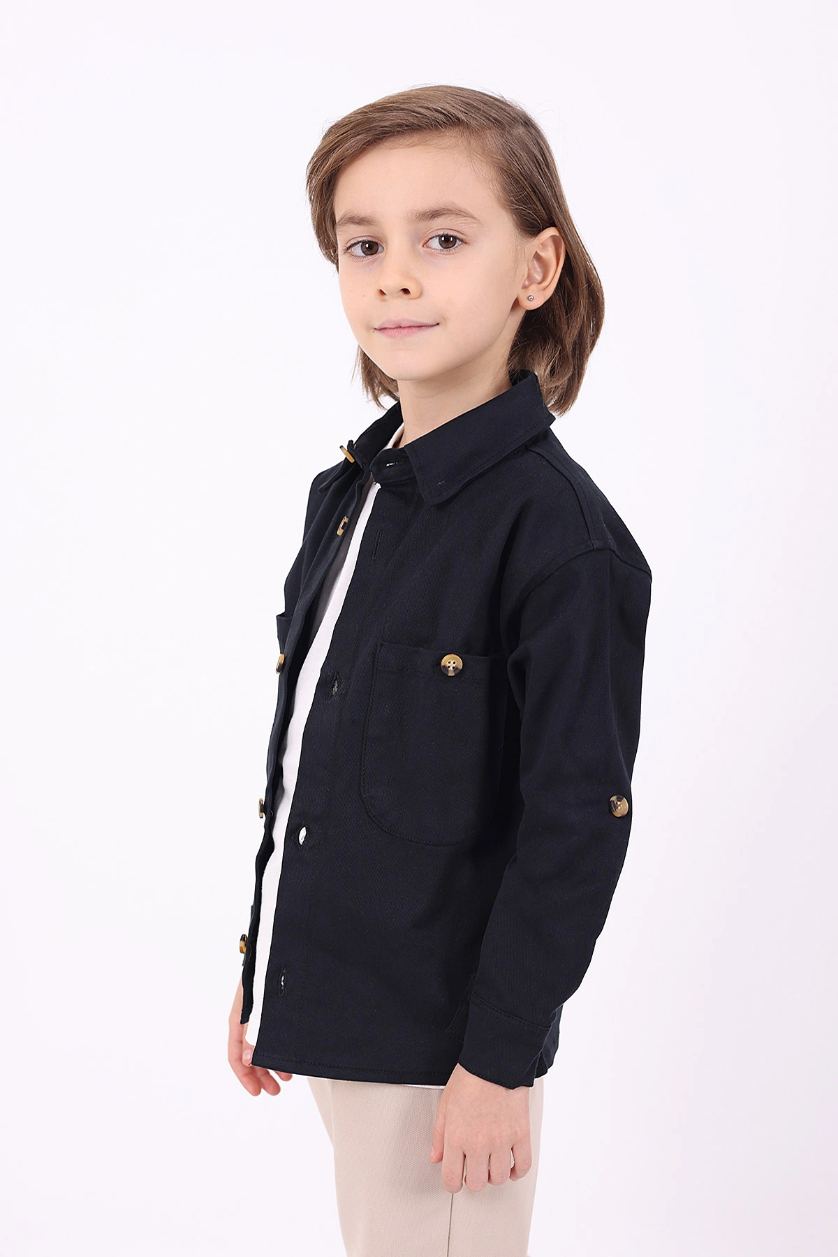 Lacivert (5-14 Yaş) Çift Cepli Oversize Kalıp Erkek Çocuk Gabardin Gömlek 323437