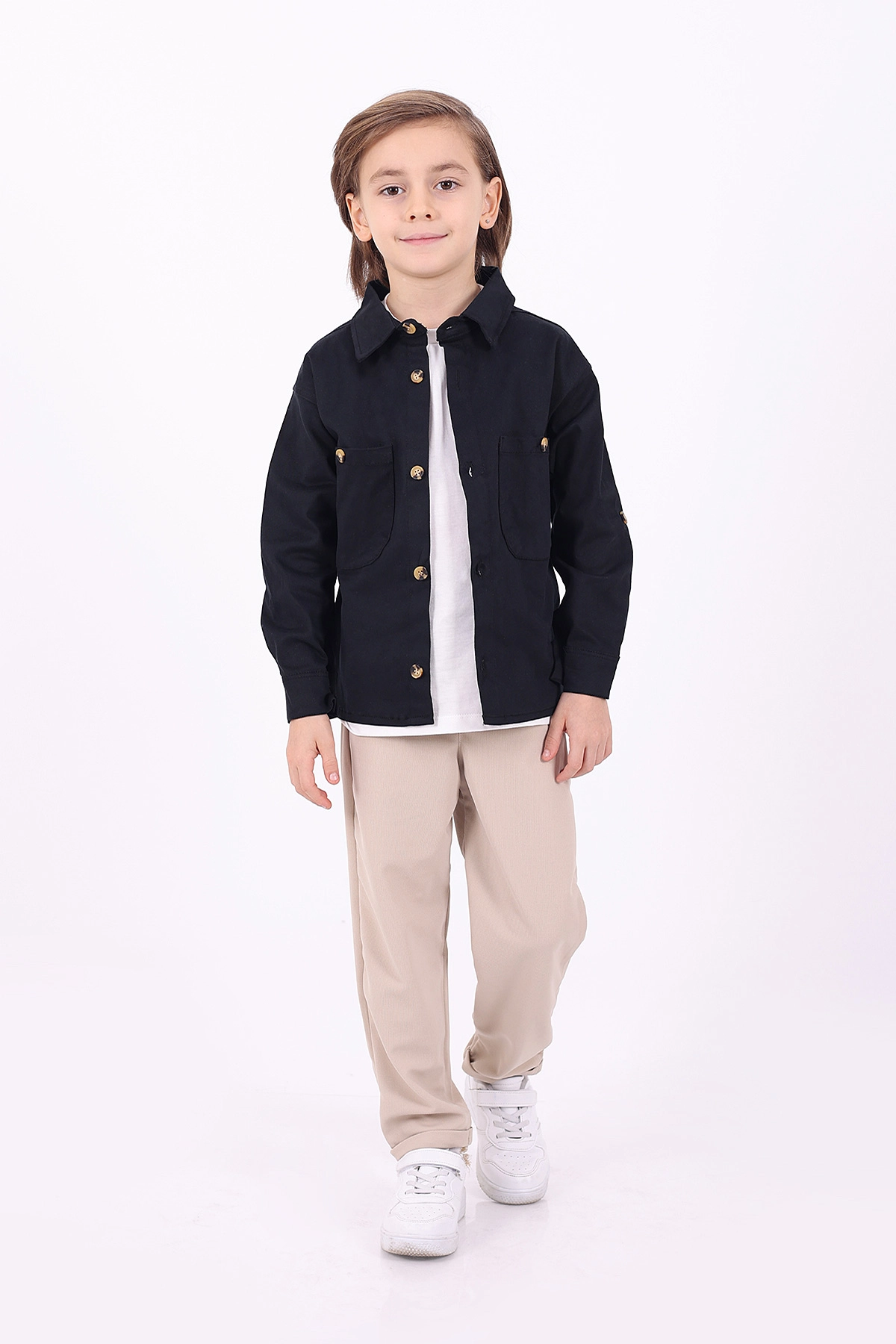Lacivert (5-14 Yaş) Çift Cepli Oversize Kalıp Erkek Çocuk Gabardin Gömlek 323437