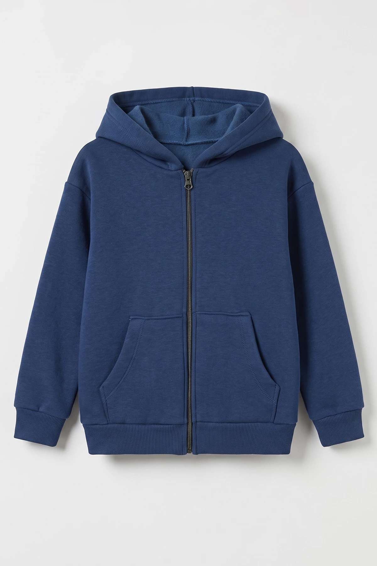 Lacivert (5-12 Yaş) Baskısız Fermuarlı Kapüşonlu 3 ip Şardonlu Erkek Çocuk Sweatshirt 483574