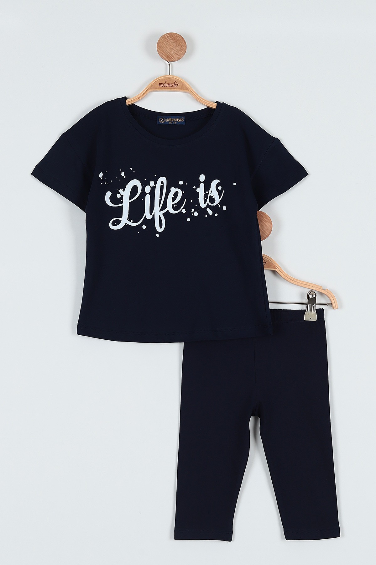 Lacivert (5-8 Yaş) Life İs Baskılı Taytlı Kız Çocuk Takım 187157