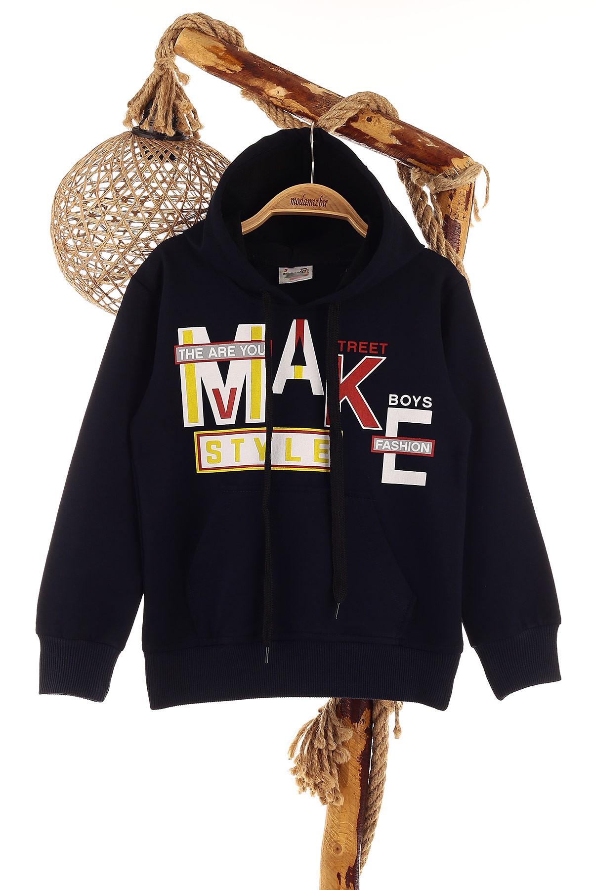 Lacivert (5-8 Yaş) Make Baskılı Kapüşonlu Erkek Çocuk Sweat 152873