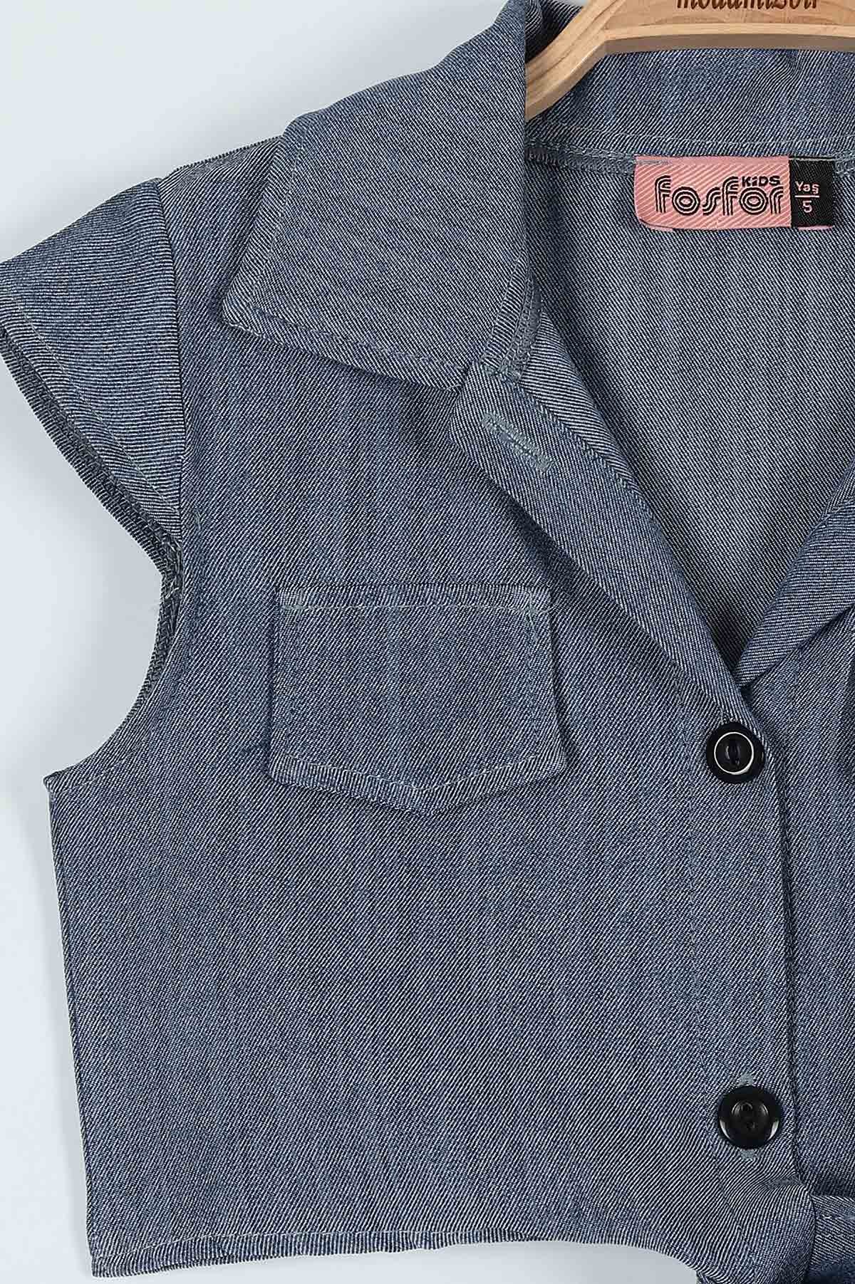Lacivert (5-9 Yaş) Çizgi Kumaşlı Düğmeli Cep Detaylı  Kız Çocuk Gömlek 183811