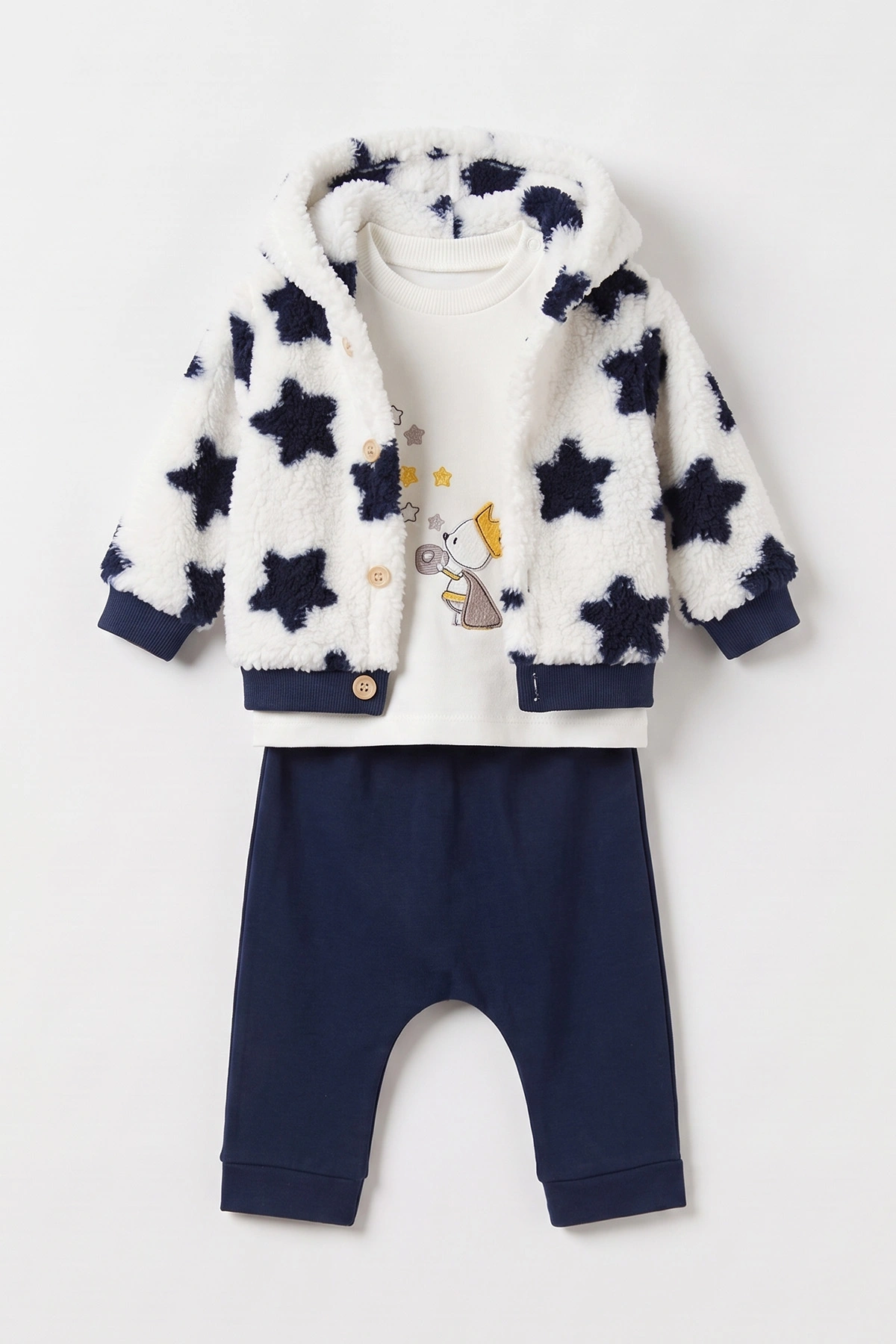 Lacivert (6-12 Ay) Nakışlı Pelüş Ceketli Pantolon Sweatshirt 3'lü Kız Bebek Takım 495566