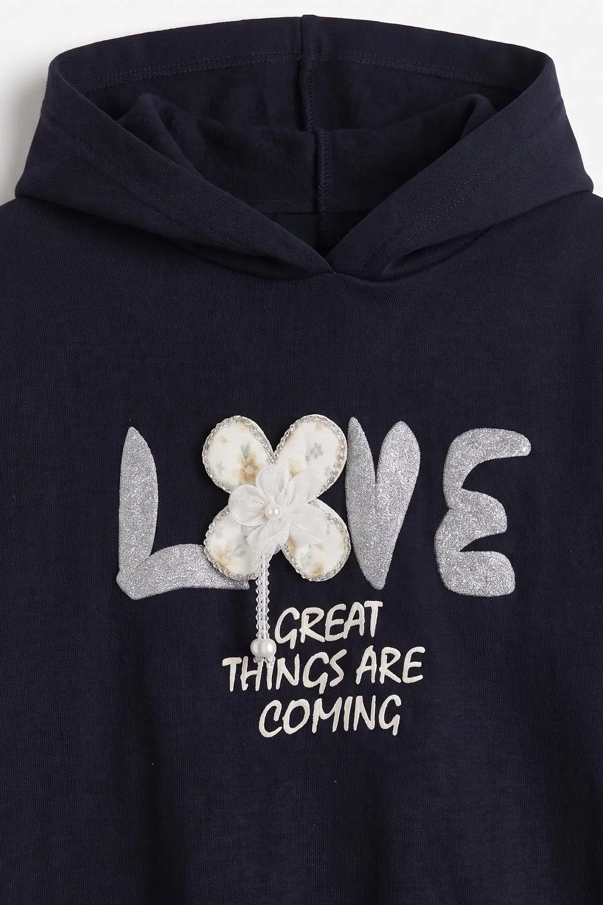 Lacivert (6-12 Yaş)Love Baskılı Çiçek Aplikeli Kapüşonlu 3 İp Şardonlu Kız Çocuk Takım 479618