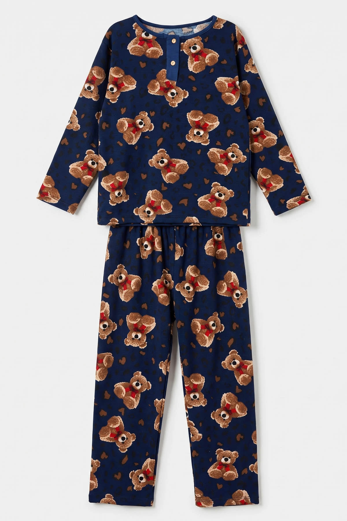 Lacivert (6-14 Yaş) Desenli Yakadan Yarım Düğmeli  Süprem Kumaş Kız Çocuk Pijama Takımı 487218