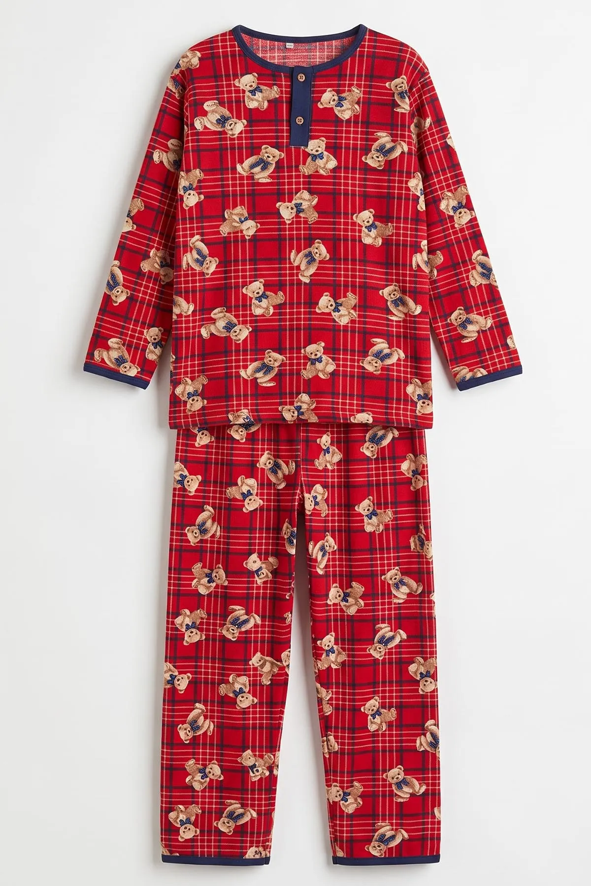 Lacivert (6-14 Yaş) Desenli Yakadan Yarım Düğmeli  Süprem Kumaş Kız Çocuk Pijama Takımı 487221