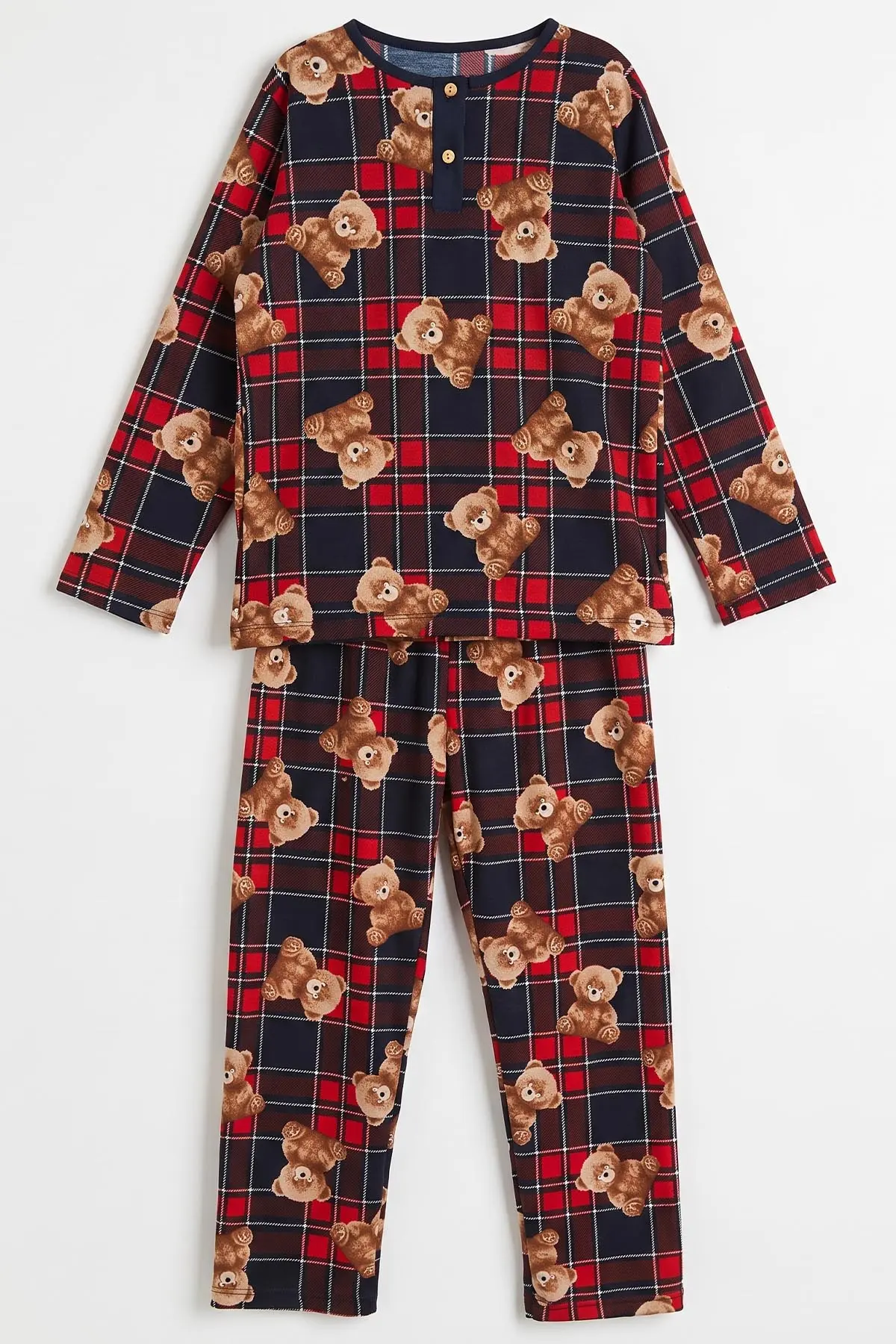 Lacivert (6-14 Yaş) Desenli Yakadan Yarım Düğmeli  Süprem Kumaş Kız Çocuk Pijama Takımı 487223