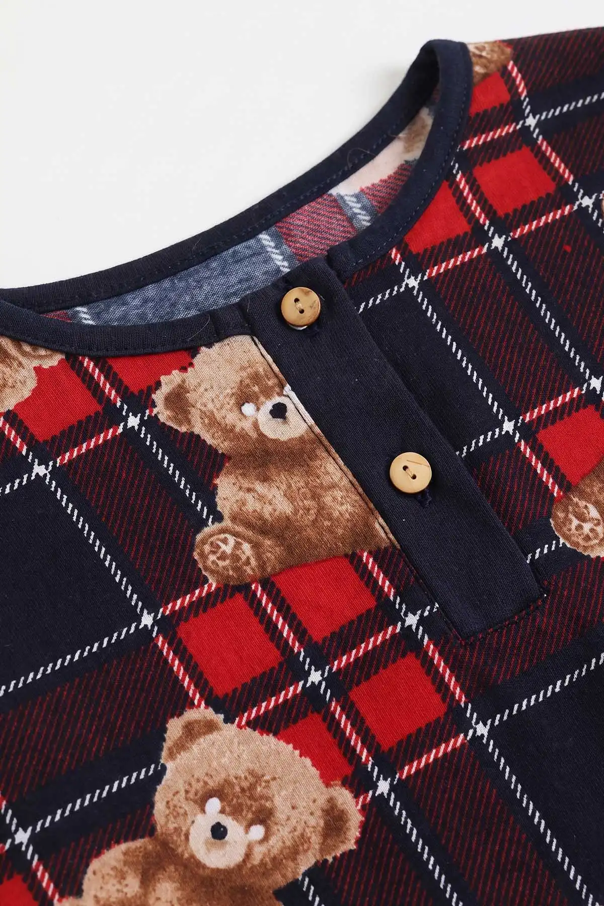 Lacivert (6-14 Yaş) Desenli Yakadan Yarım Düğmeli  Süprem Kumaş Kız Çocuk Pijama Takımı 487223