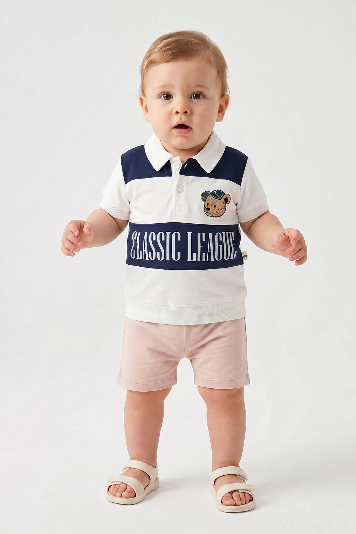 Lacivert (6-24 Ay)Classic Leauge Baskılı Polo Yaka   Tişört ve Şortlu Erkek Bebek Yazlık Takım 467559