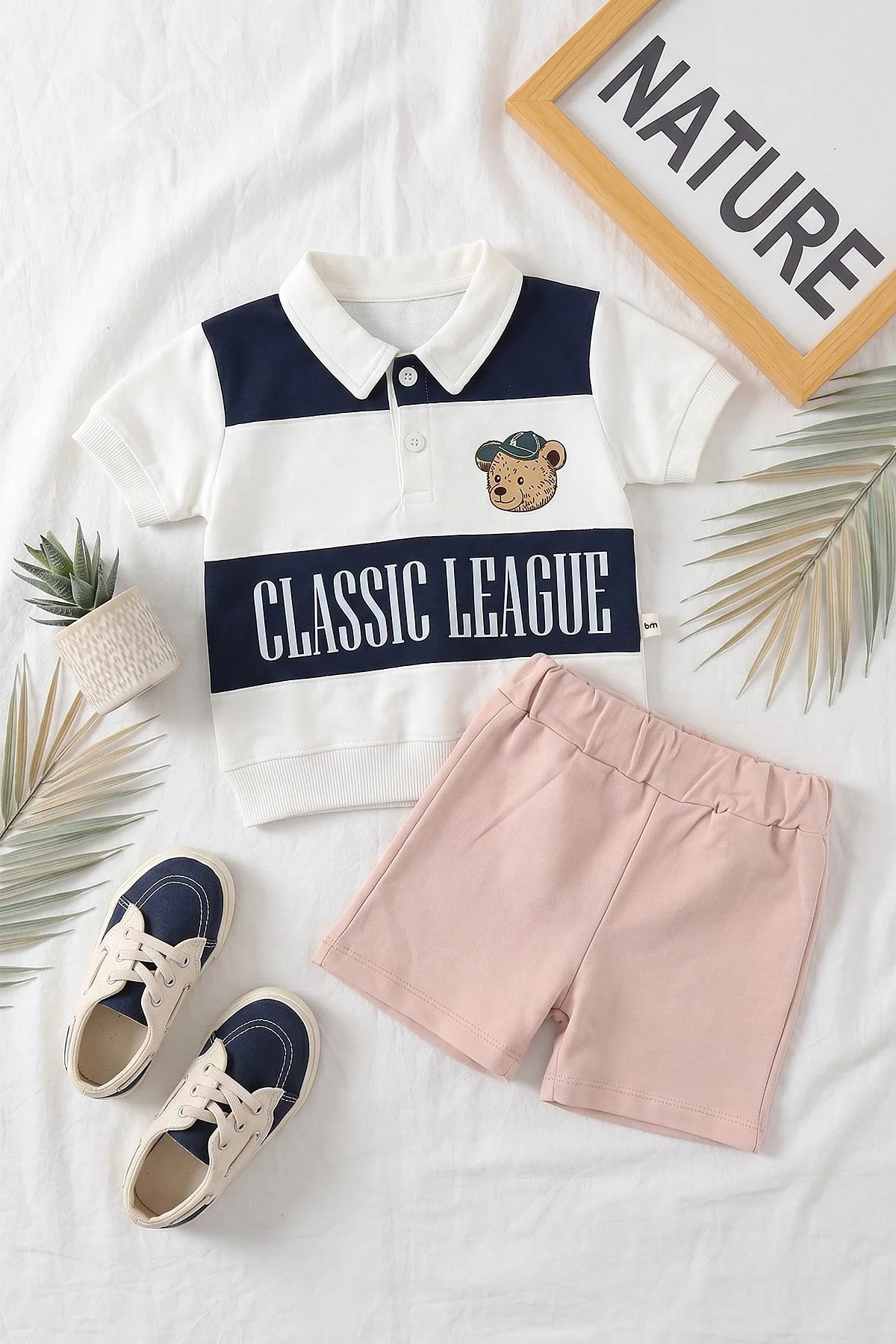 Lacivert (6-24 Ay)Classic Leauge Baskılı Polo Yaka   Tişört ve Şortlu Erkek Bebek Yazlık Takım 467559