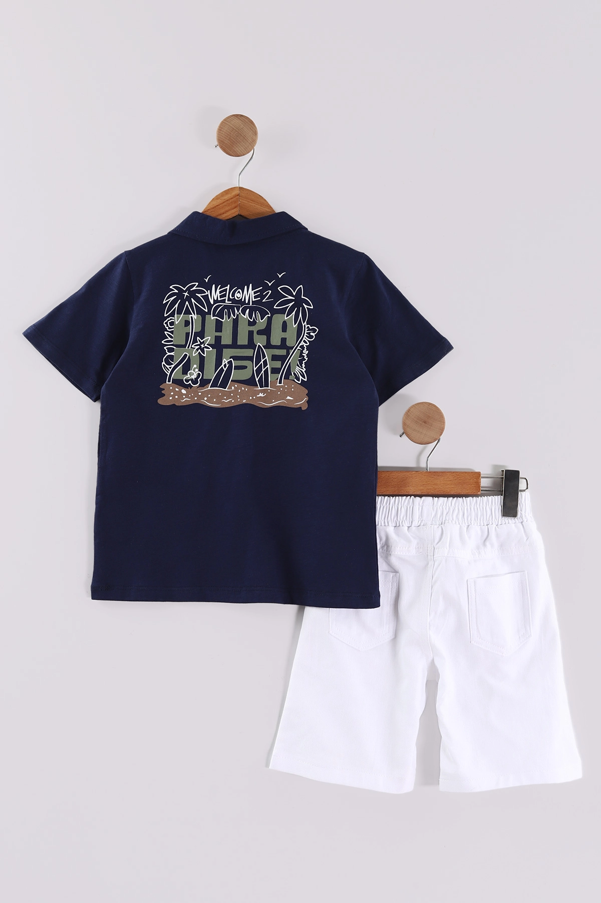Lacivert (7-11 Yaş) Surf Tribe Baskılı Gömlek Yaka Tişörtlü   Gabardin  Şortlu Erkek Çocuk Yazlık Takım 441759