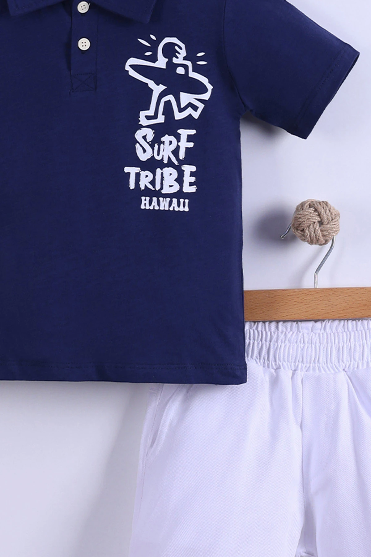 Lacivert (7-11 Yaş) Surf Tribe Baskılı Gömlek Yaka Tişörtlü   Gabardin  Şortlu Erkek Çocuk Yazlık Takım 441759