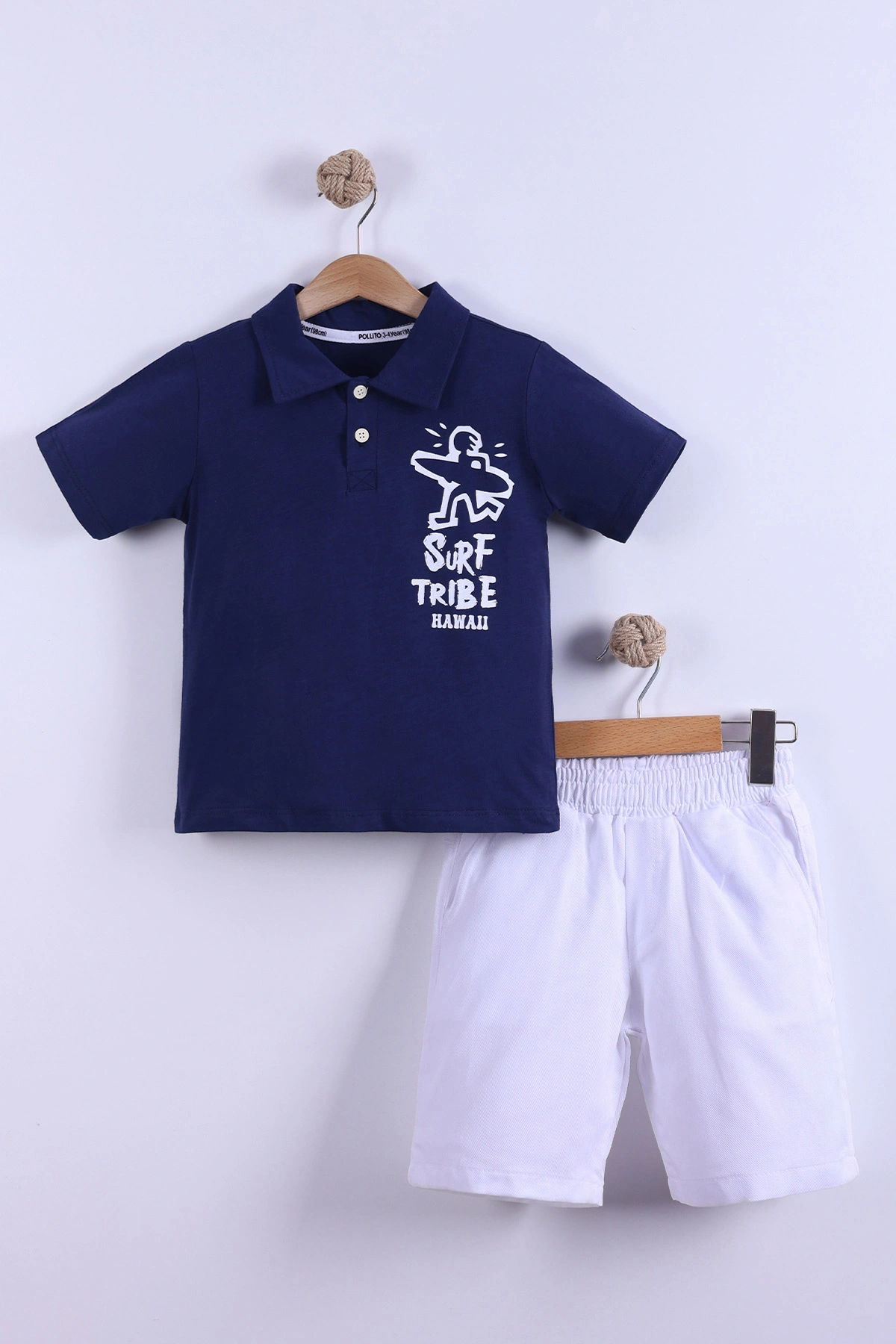 Lacivert (7-11 Yaş) Surf Tribe Baskılı Gömlek Yaka Tişörtlü Gabardin Şortlu Erkek Çocuk Yazlık Takım 441759