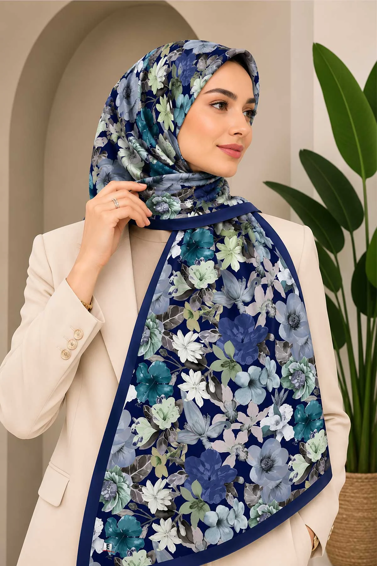 Lacivert 70x180 Cm Dijital Baskılı Botanik Desen Soft Şal 482160