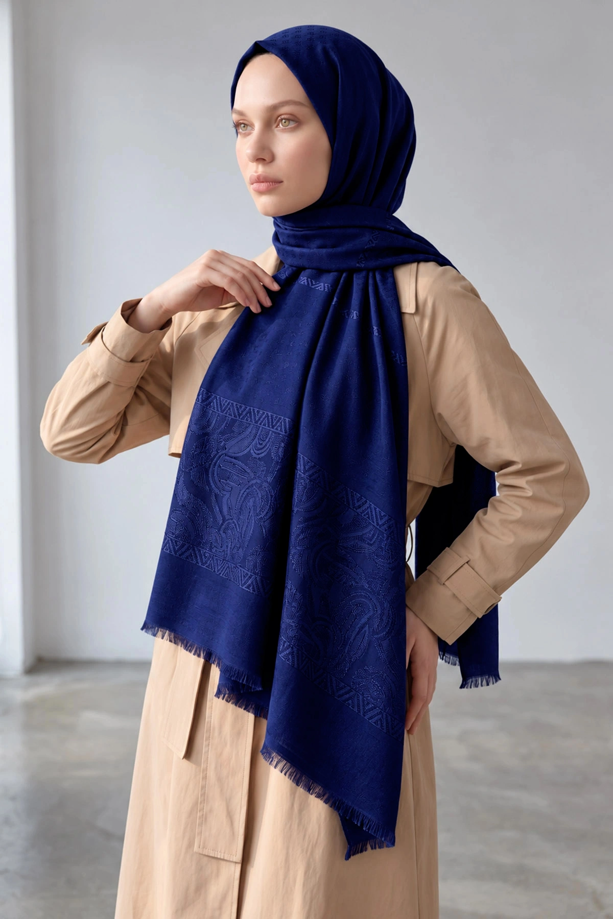 Lacivert 70x180 Cm Elara Premium Jakarlı Pamuk Şal 494279
