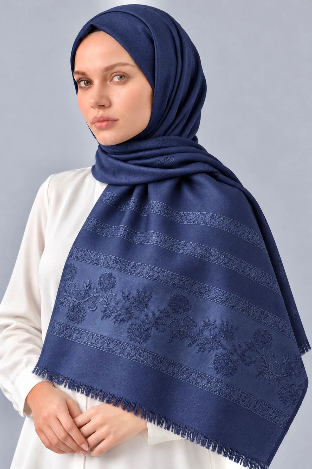 Lacivert 70x180 Cm Floral Premium Jakarlı Pamuk Şal 494061