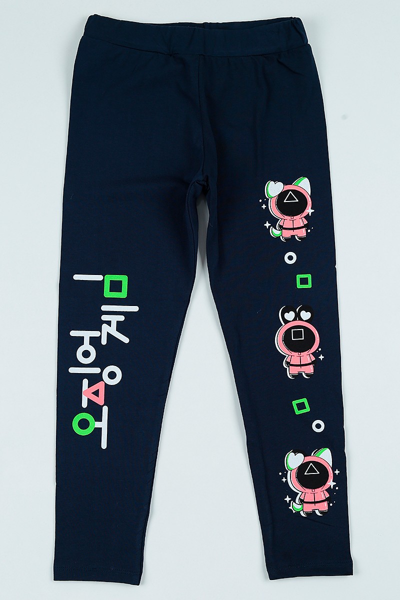 Lacivert (9-12 yaş) Beli Lastikli Baskılı Kız Çocuk Tayt 105386