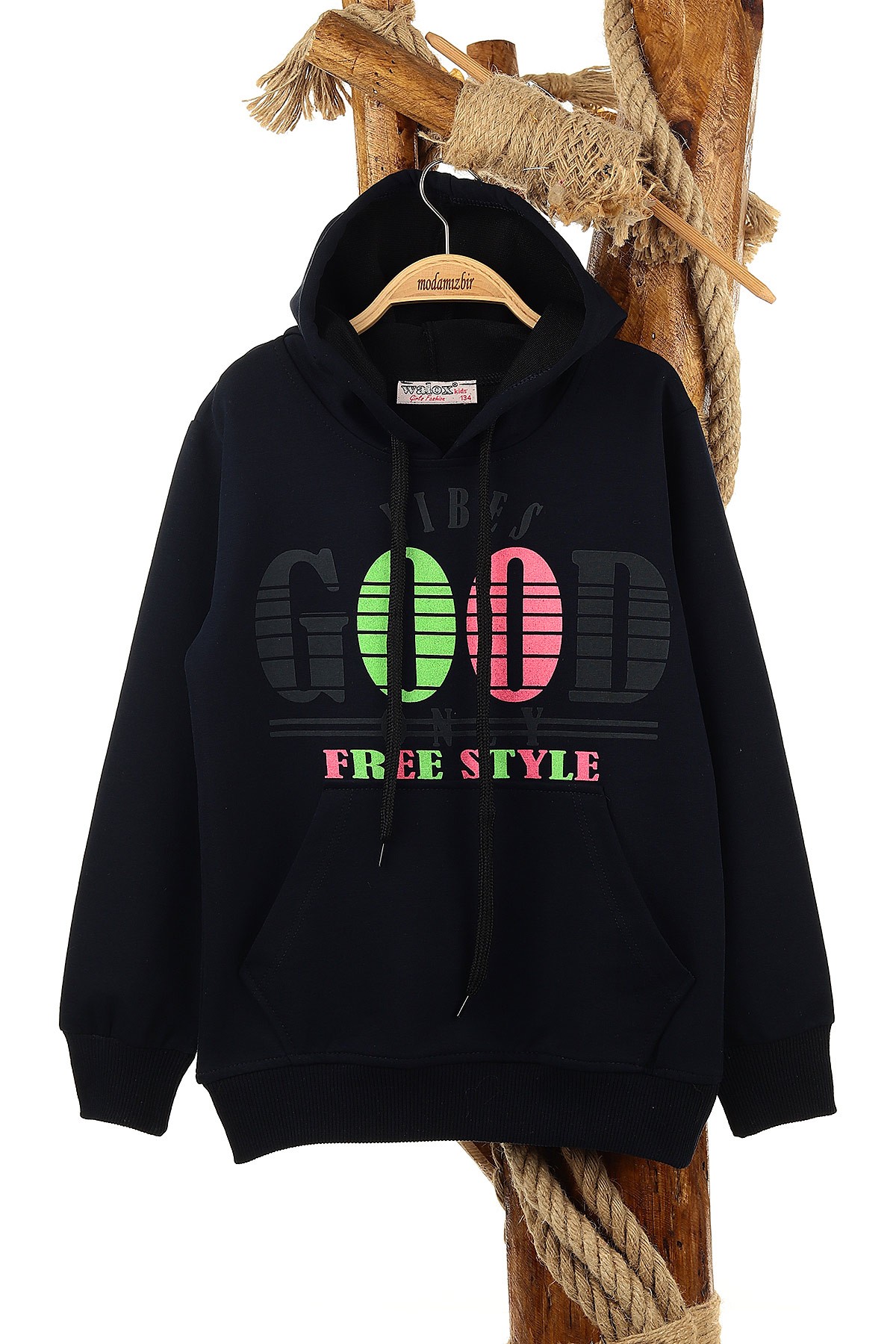 Lacivert (9-12 Yaş) Good Baskılı Kapüşonlu Kız Çocuk Sweat 152883