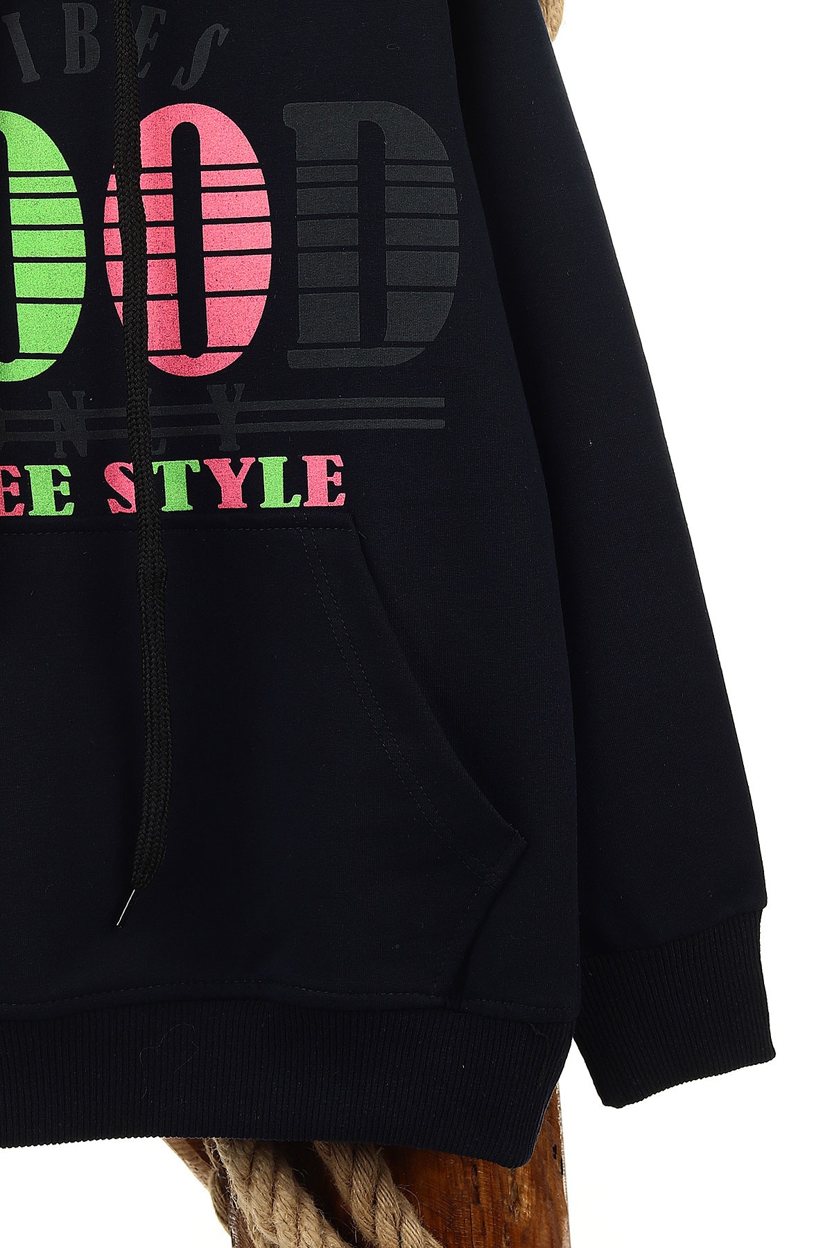 Lacivert (9-12 Yaş) Good Baskılı Kapüşonlu Kız Çocuk Sweat 152883