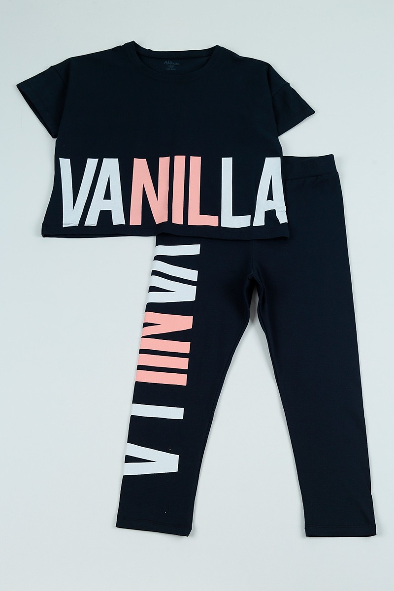 Lacivert (9-12 Yaş) Vanilla Baskılı Kız Çocuk Şortlu Takım 97466