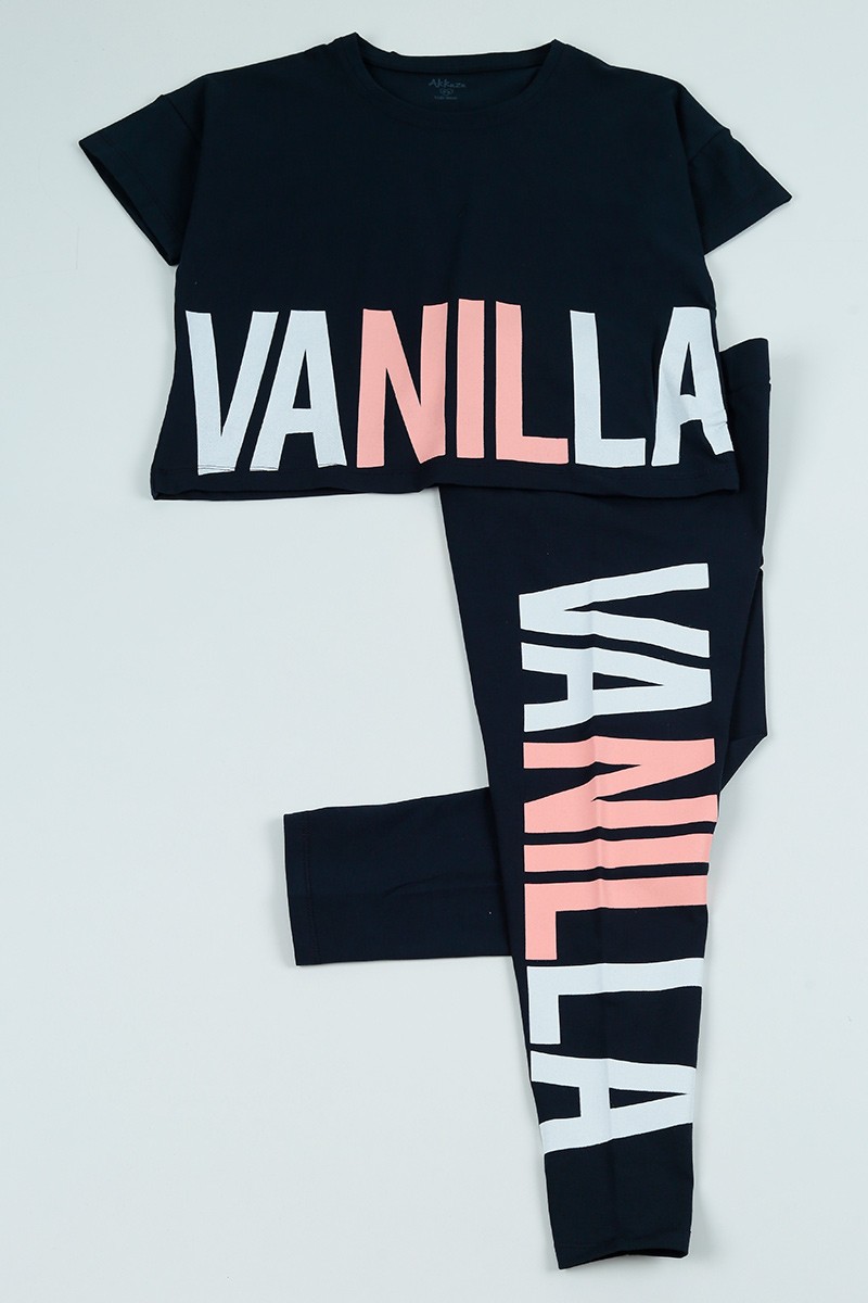 Lacivert (9-12 Yaş) Vanilla Baskılı Kız Çocuk Şortlu Takım 97466