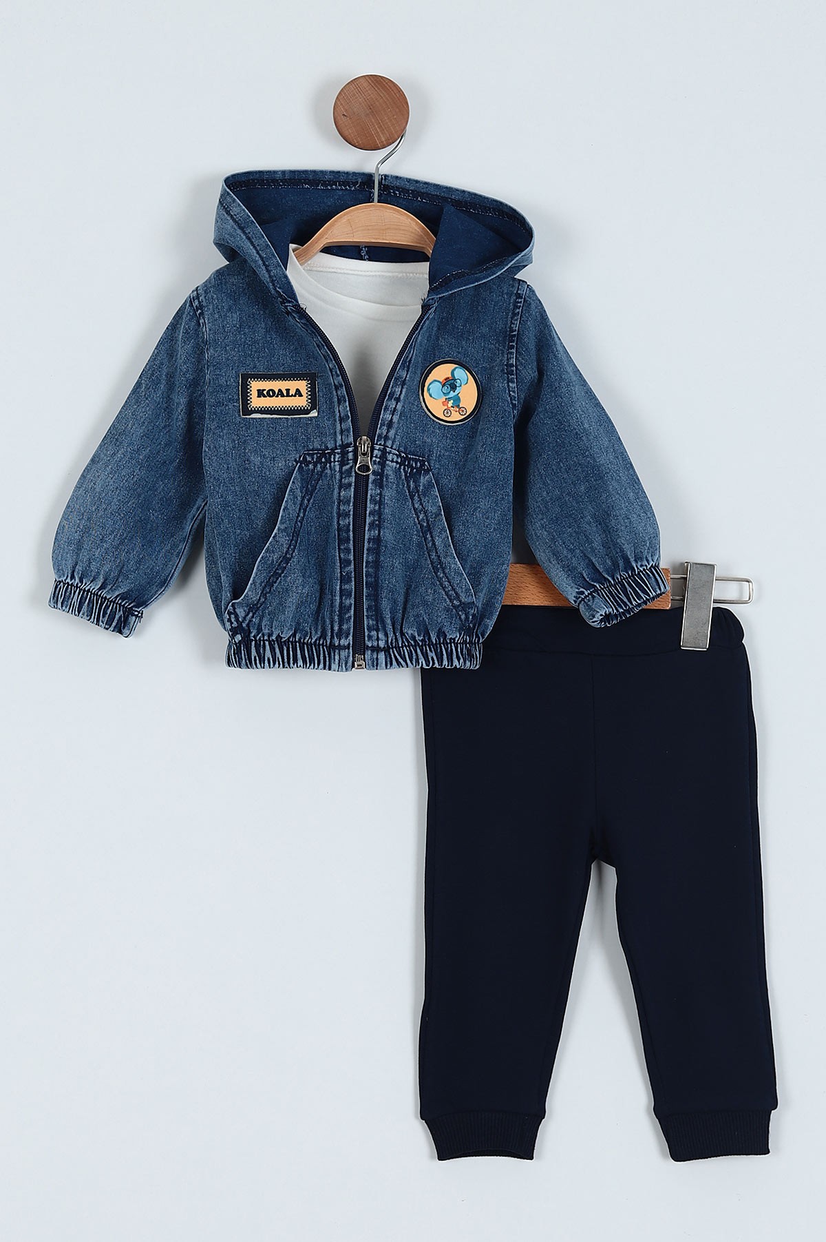 Lacivert (9-24 Ay) Kanguru Cep Detaylı Üçlü Kot Erkek Bebe Takım 222871