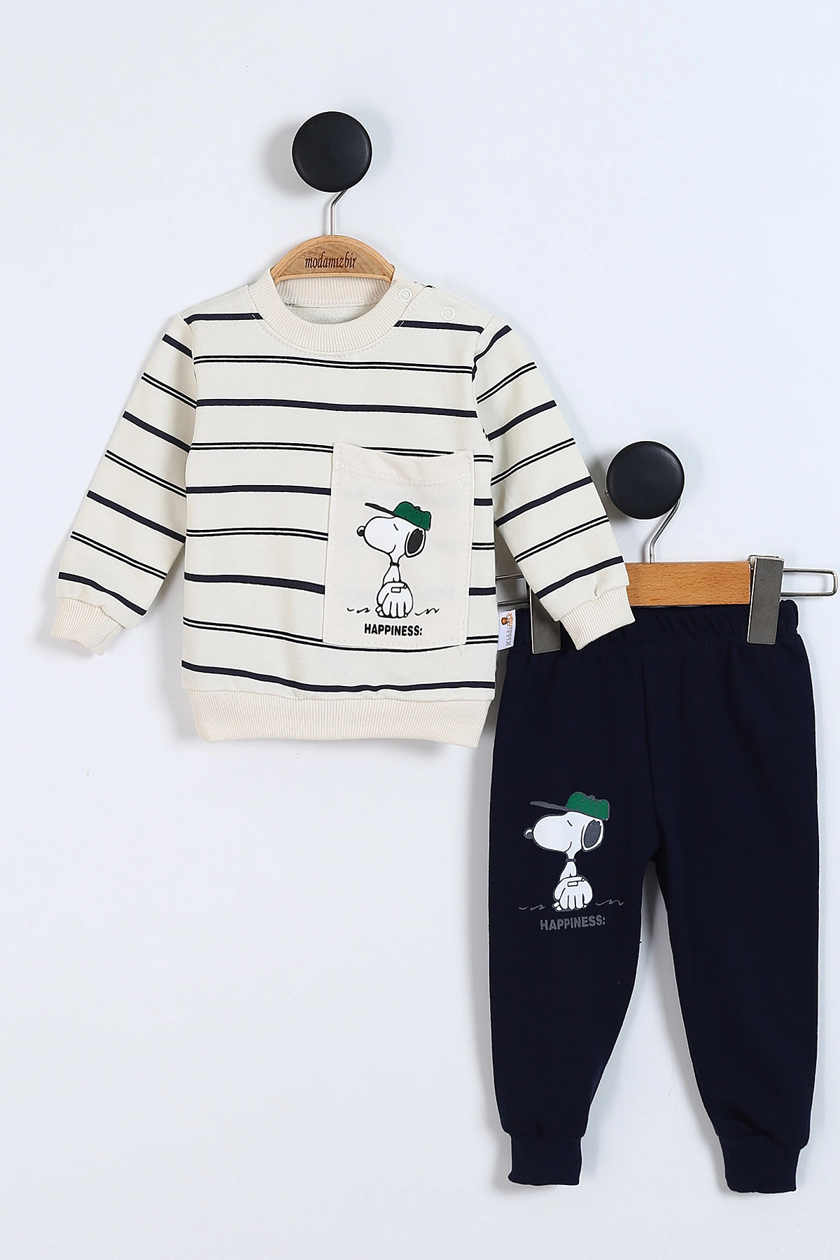 Lacivert (9-24 Ay)Baskılı Çizgi Desenli Erkek Bebek Mevsimlik Takım 338845