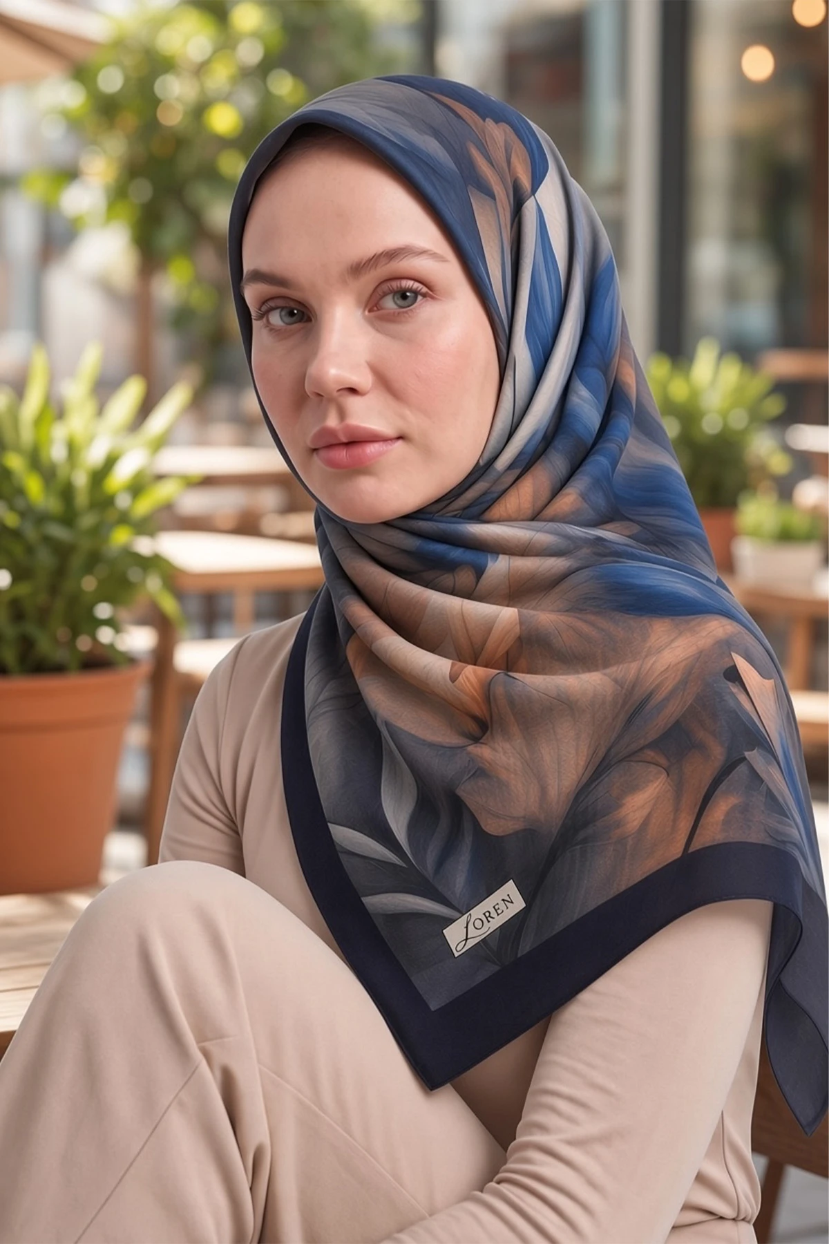Lacivert 90x90 Cm Dijital Baskılı Botanica Desen Soft Eşarp 498470