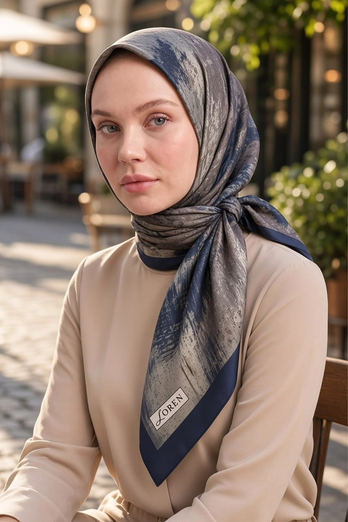 Lacivert 90x90 Cm Dijital Baskılı Tela Desen Kutulu Twill Eşarp 501043