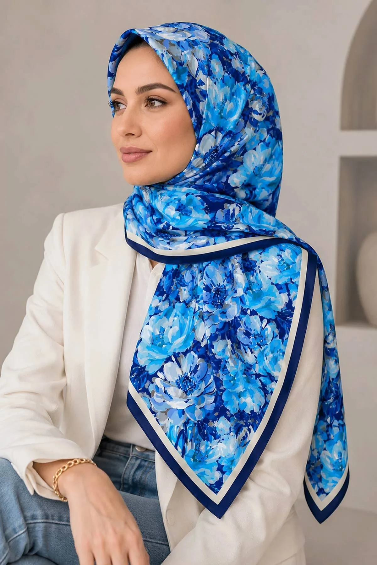 Lacivert 95x95 Cm Dijital Baskılı Botanik Desen Soft Eşarp 473298