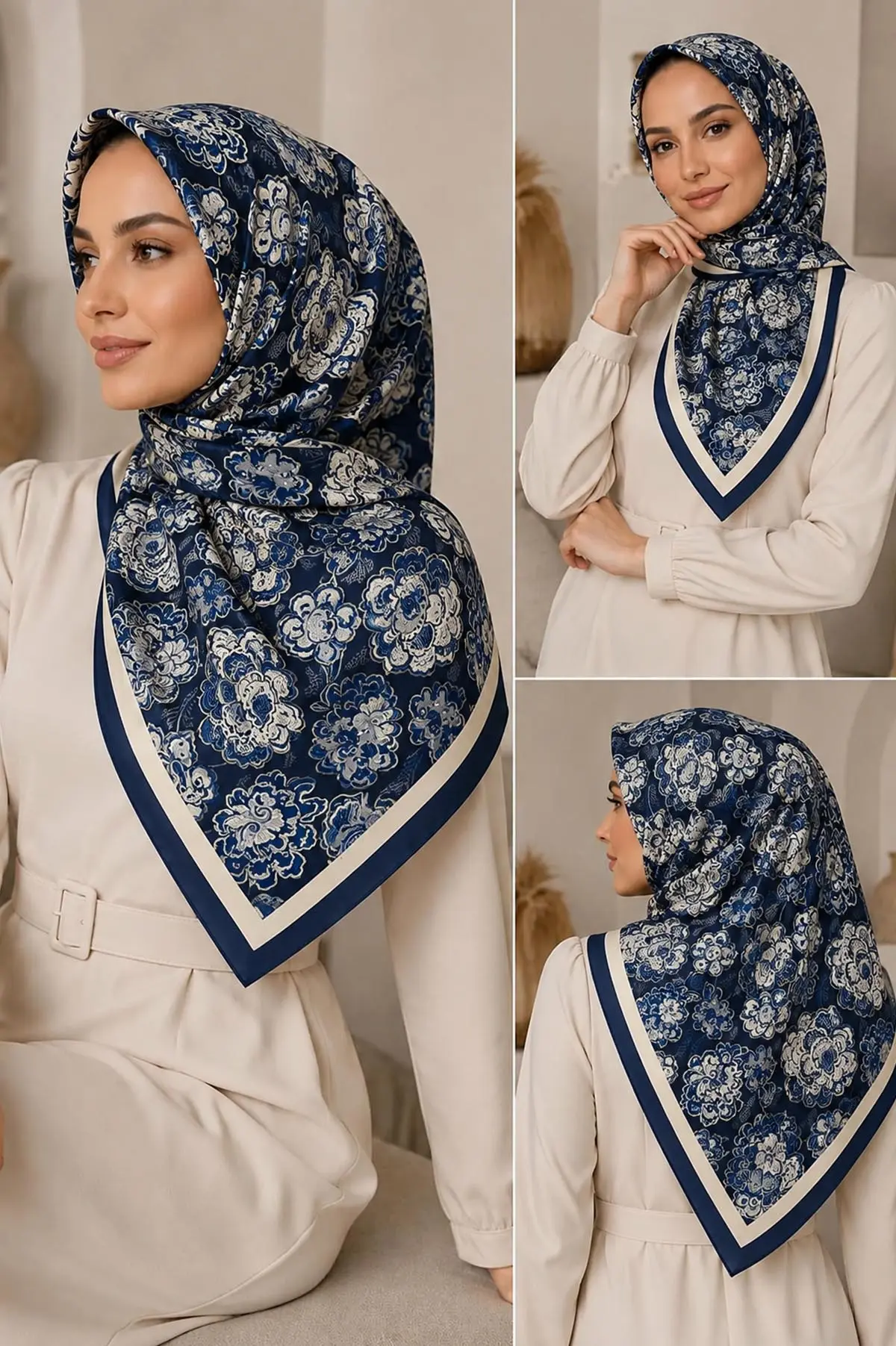 Lacivert 95x95 Cm Dijital Baskılı Mercan Desen Soft Eşarp 473267