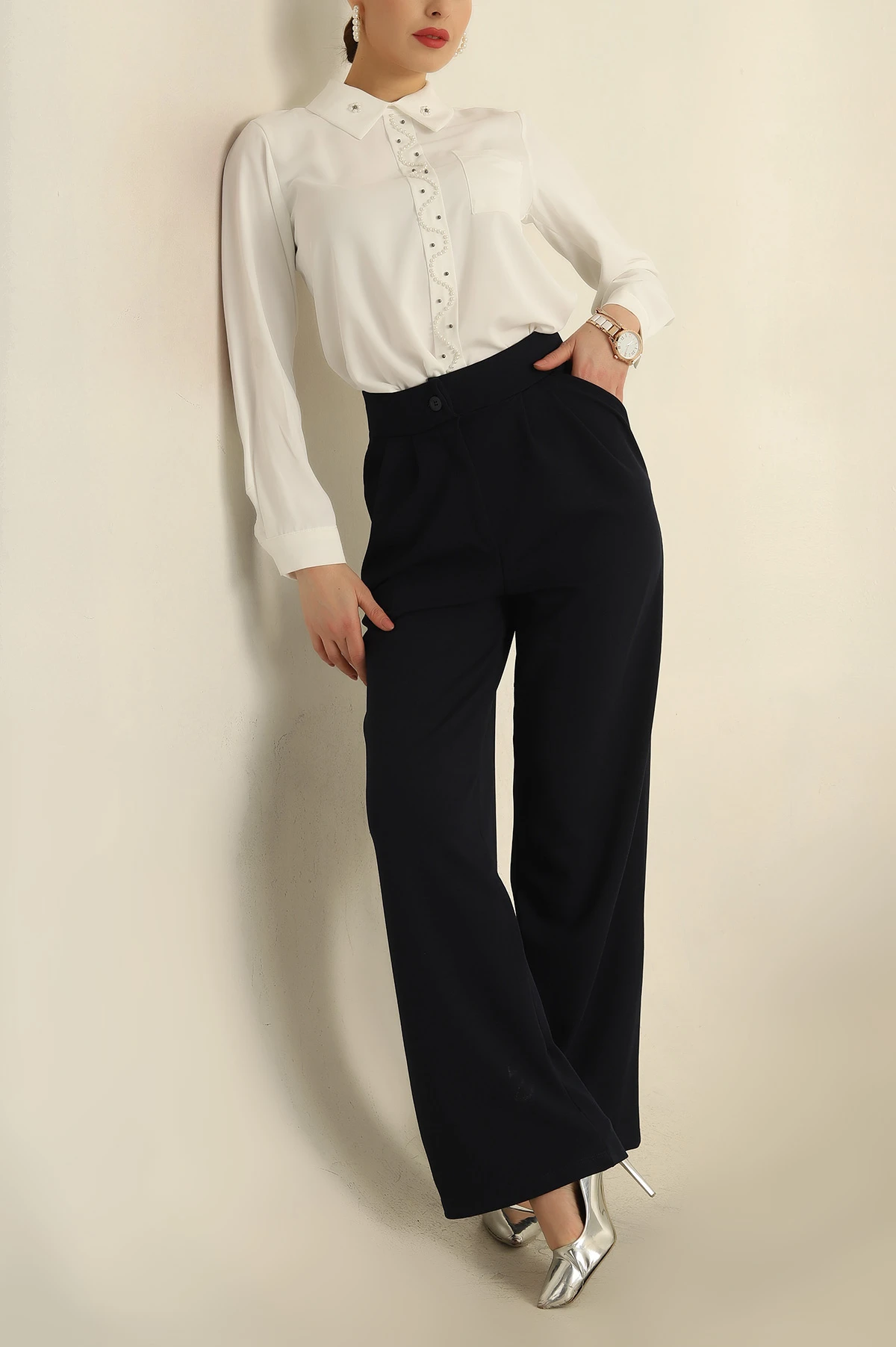 Lacivert Krep Kumaş Bayan Pantolon 254084