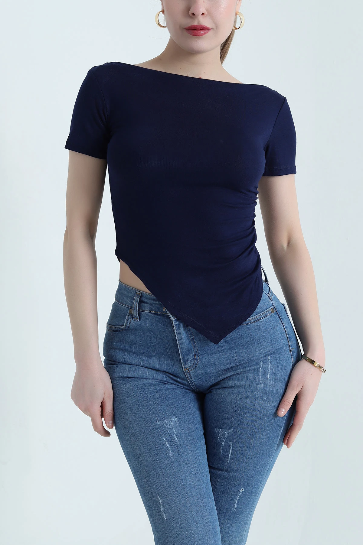 Lacivert Asimetrik Kesim Buzzy Kadın Bluz 442281