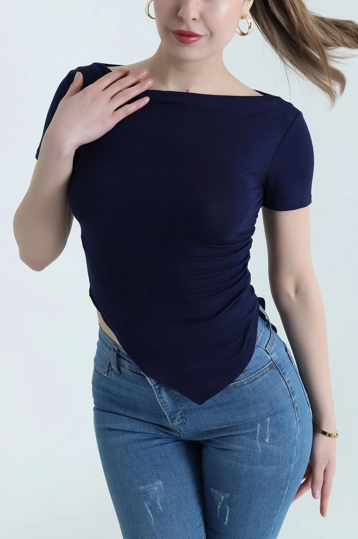 Lacivert Asimetrik Kesim Buzzy Kadın Bluz 442281