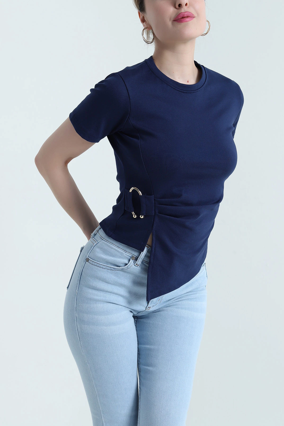 Lacivert Asimetrik Kesim Tokalı Kadın Ribana Bluz 446568