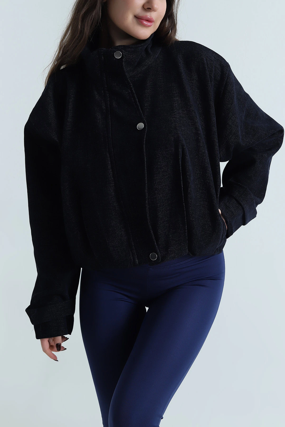 Lacivert Asimetrik Pat Detay Denim Modal Kadın Bomber Mont 499364