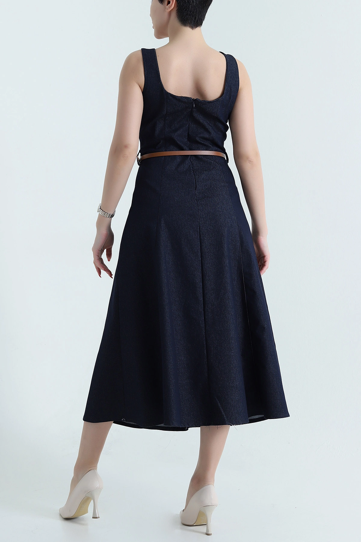 Lacivert Askılı Kare Yaka Kadın Denim Elbise 438381