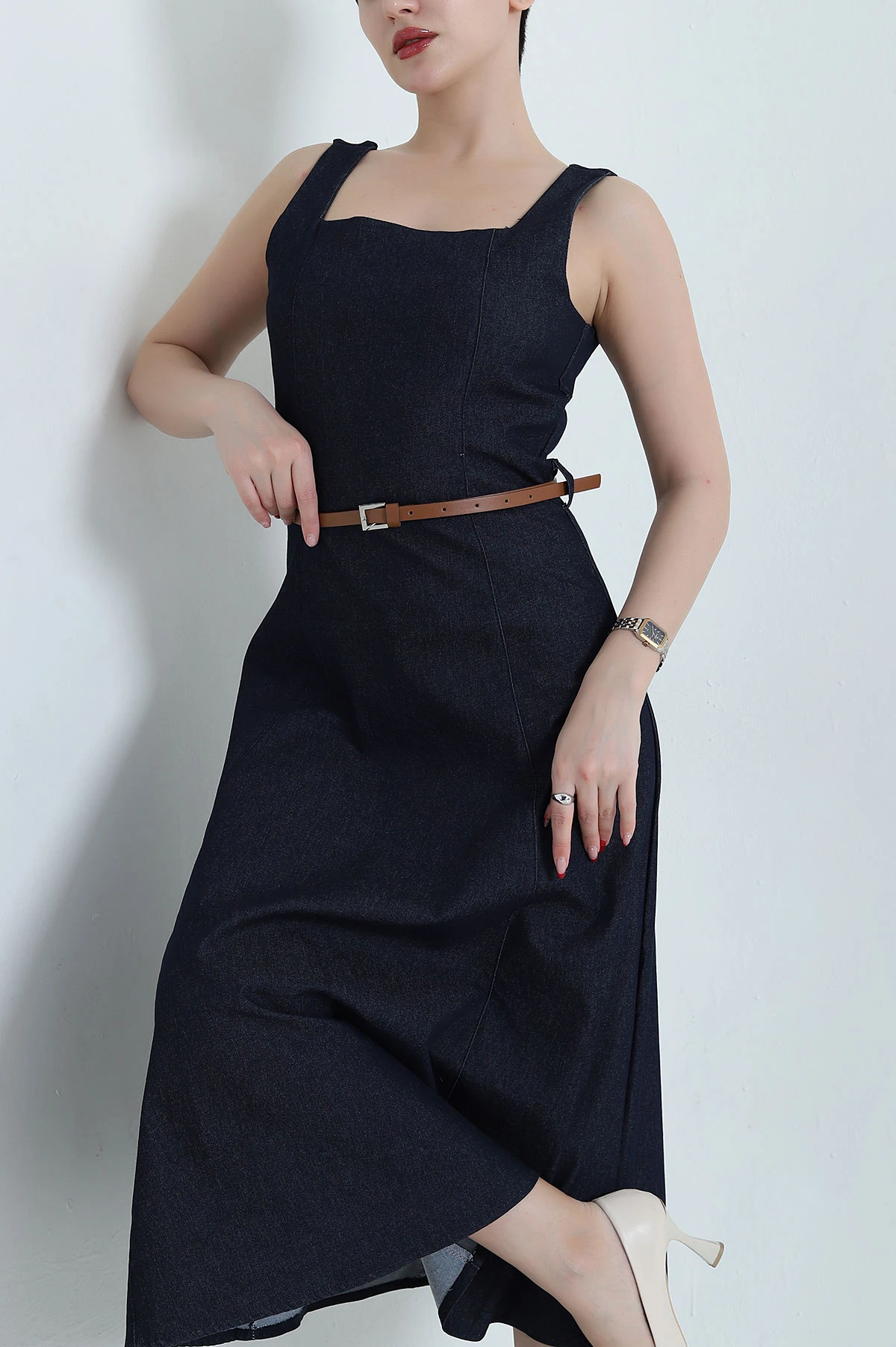 Lacivert Askılı Kare Yaka Kadın Denim Elbise 438381