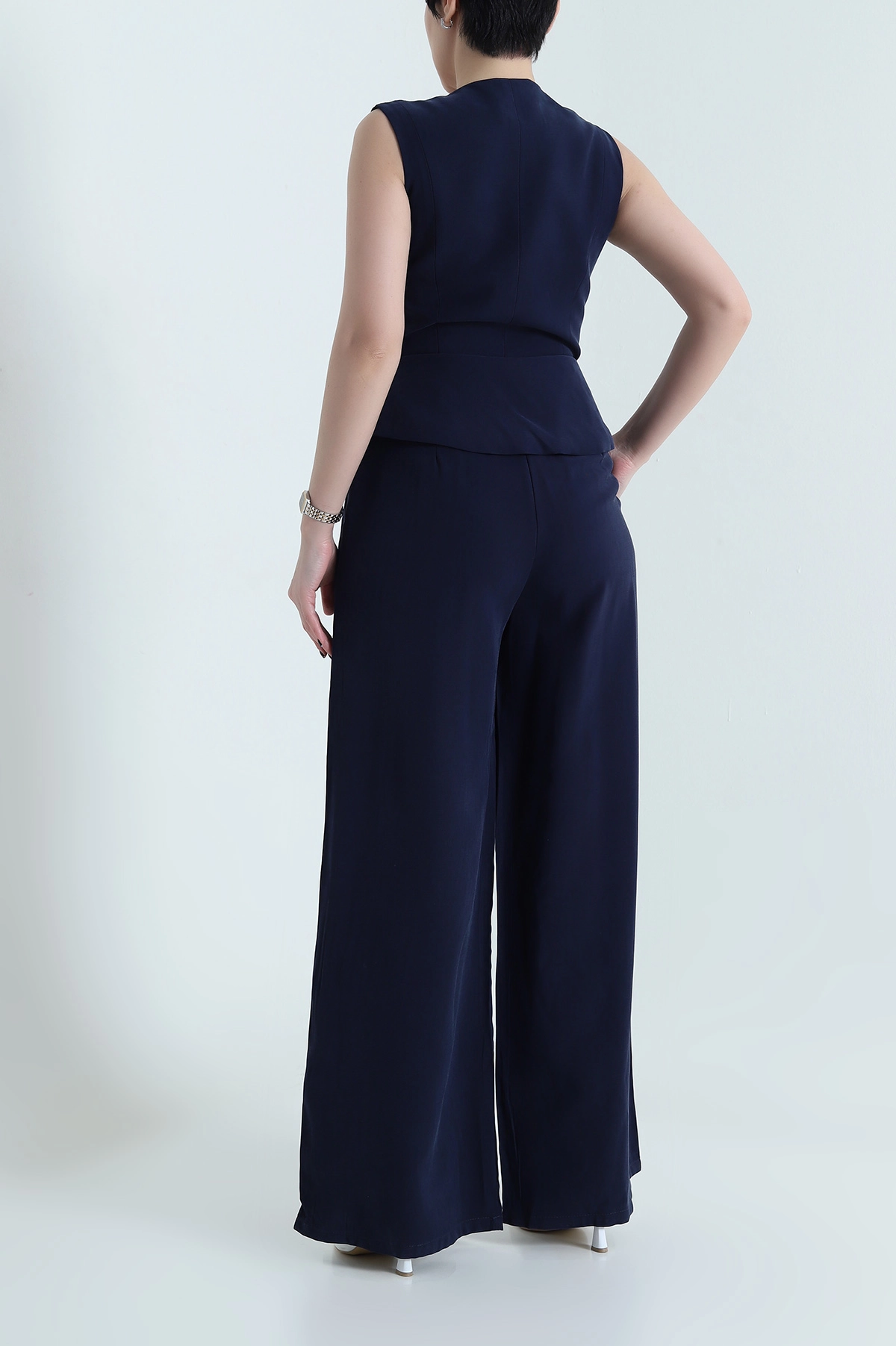 Lacivert Astarlı Kolsuz İthal Gabardin Kadın Tulum Elbise 454302