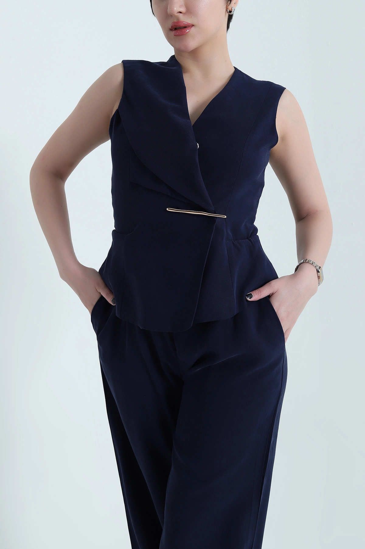 Lacivert Astarlı Kolsuz İthal Gabardin Kadın Tulum Elbise 454302