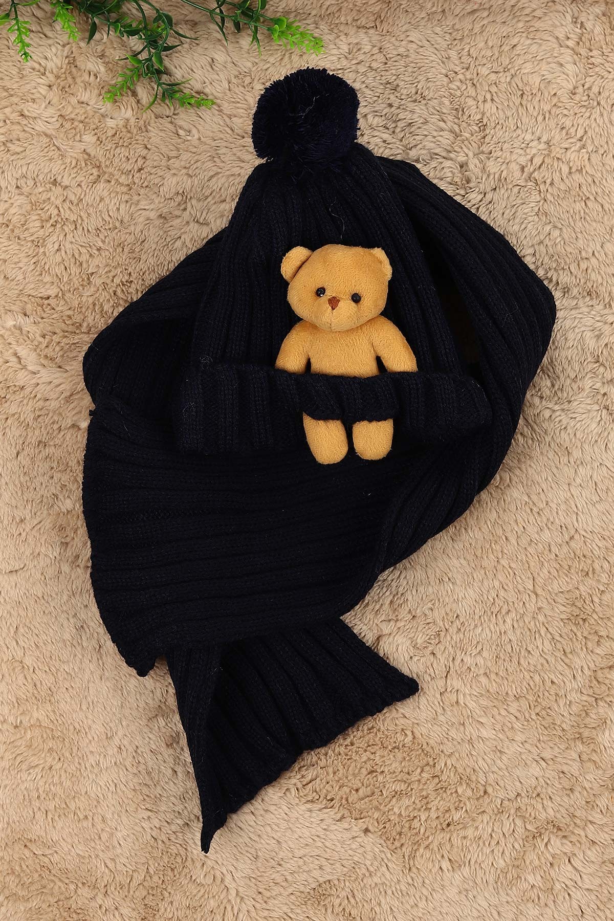 Lacivert (Atkı: 92 cm Bere: 19 cm) Ponpnlu Ayı Oyuncaklı Atkı Bere 156343