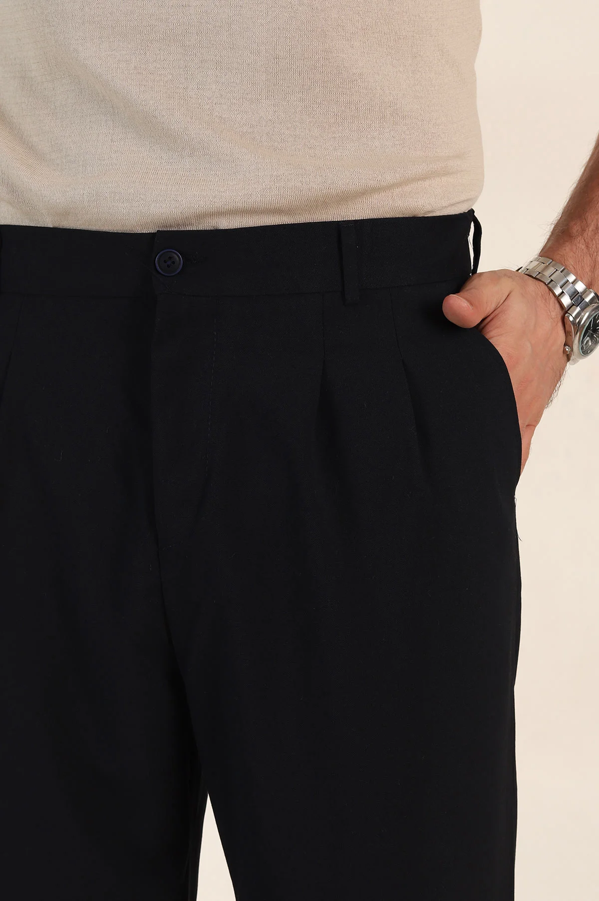 Lacivert Baggy Bel Arkası Lastikli Çift Pile Detaylı Erkek Kumaş Pantolon 366311