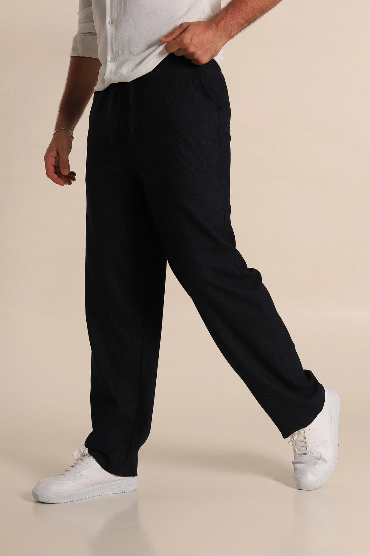 Lacivert Baggy Belden Bağlamalı Çizgi Dokulu Erkek Eşofman Altı 278454