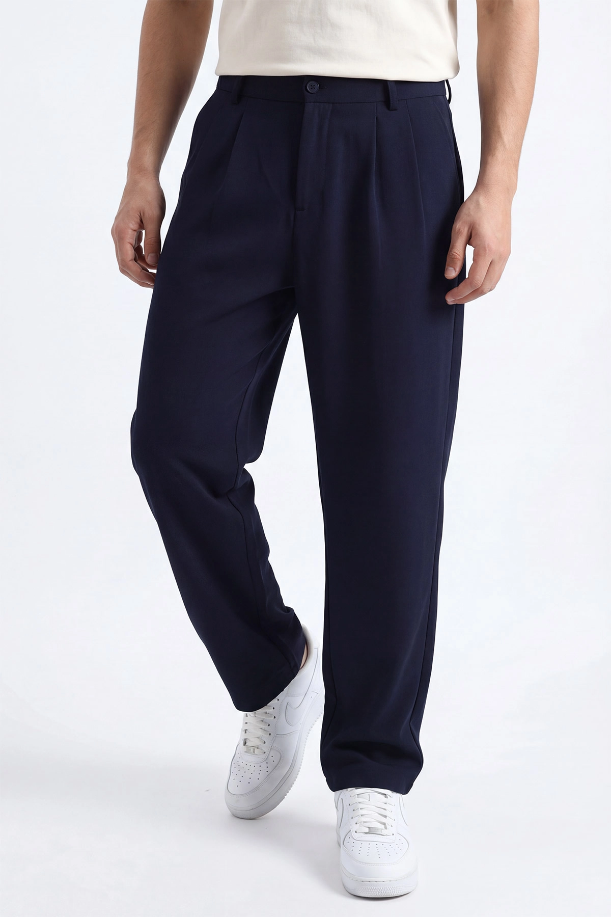 Lacivert Baggy Çift Pile Detaylı Bel Arkası Lastikli Erkek Kumaş Pantolon 449747