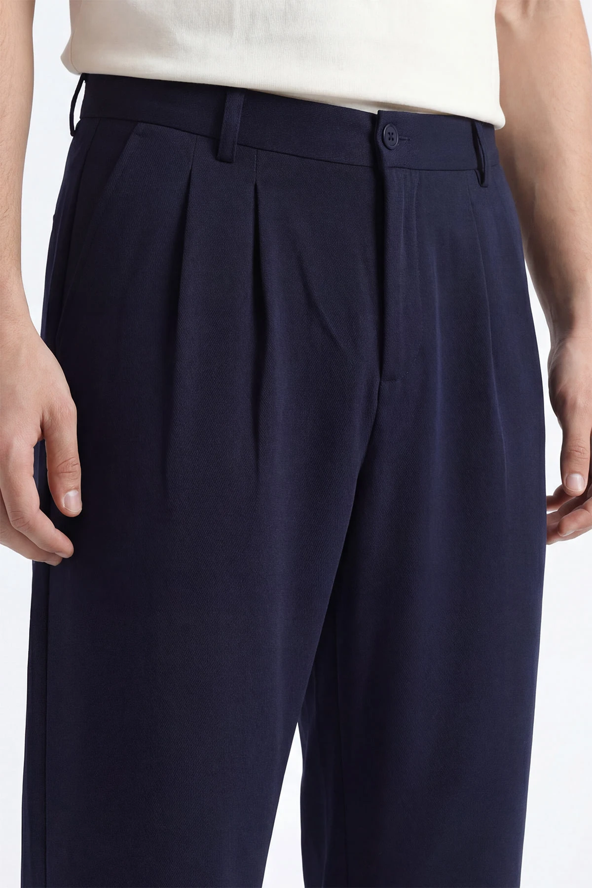 Lacivert Baggy Çift Pile Detaylı Bel Arkası Lastikli Erkek Kumaş Pantolon 449747