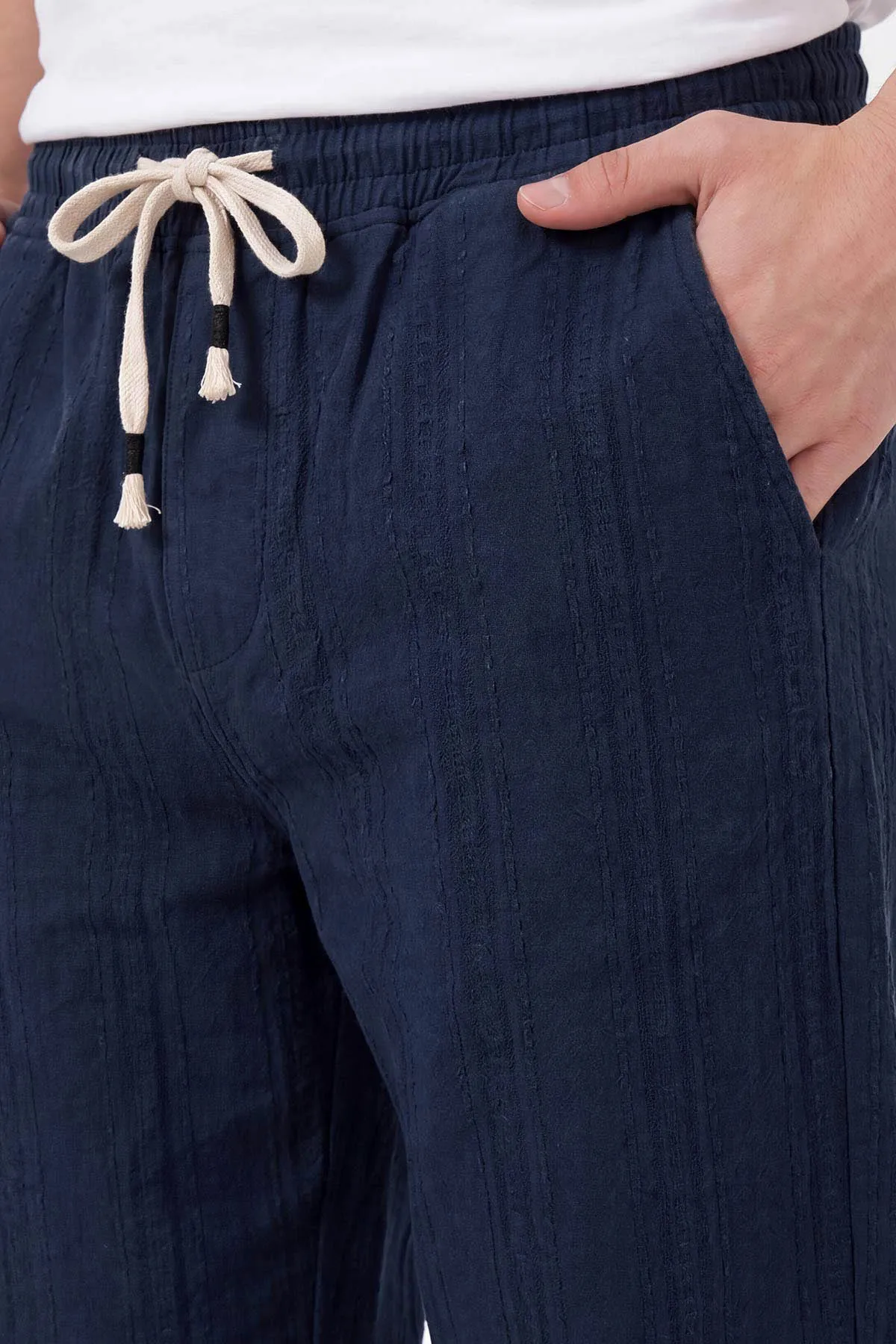 Lacivert Baggy Ham Keten Belden Bağlamalı Erkek Pantolon 459579
