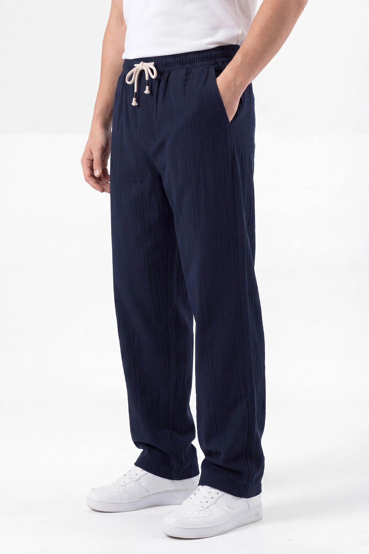 Lacivert Baggy Ham Keten Belden Bağlamalı Erkek Pantolon 459579